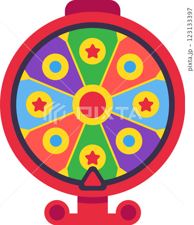 Spinning wheel with colorful segments and stars, offering random results for gambling, entertainment, or decision making, creating excitement and anticipation 123133397