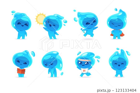 Water drop character. Cartoon funny liquid mascot, different poses, actions and emotions, cute raindrop icon, healthy life, funny beverage talisman, cold pure drink. Tidy vector isolated set 123133404