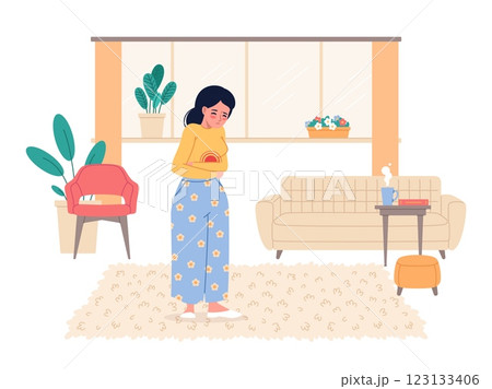 Woman suffering pain at home. Sad person holding stomach, sore body point, red mark, sickness girl in living room interior, health problem, cartoon flat isolated vector medical concept Woman suffering pain at home. Sad person holding stomach, sore body point, red mark, sickness girl in living room interior, health problem, cartoon flat isolated vector medical concept 123133406