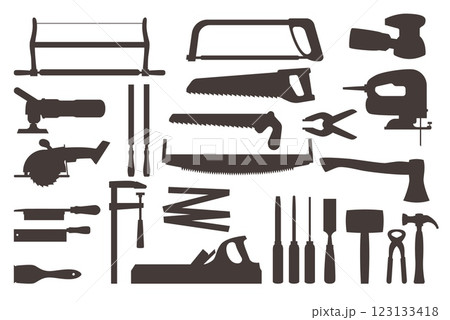 Woodworking tool black silhouette set. Stickers collection. Professional equipment for carpenter working. Axe and hammer. Logo, emblem or badge graphic design vector isolated illustration Woodworking tool black silhouette set. Stickers collection. Professional equipment for carpenter working. Axe and hammer. Logo, emblem or badge graphic design vector isolated illustration 123133418