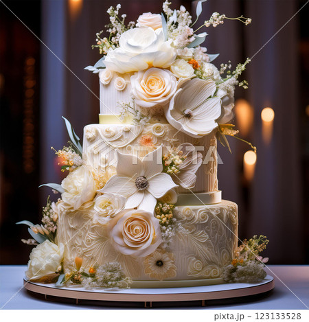 Elegant Floral Cake with Intricate Decorations 123133528