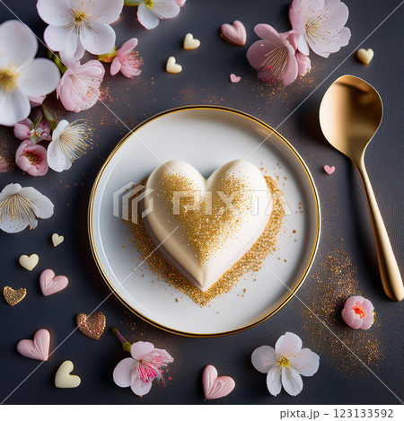 Heart Shaped Mousse Dessert on Elegant Plate 123133592