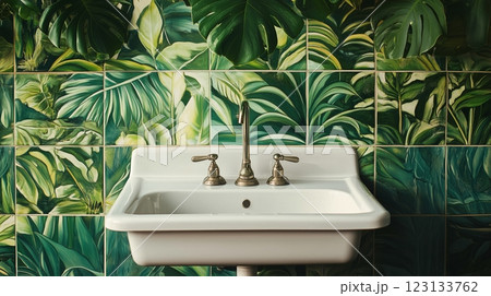 Modern White Kitchen Sink With Ornamental Plant 123133762