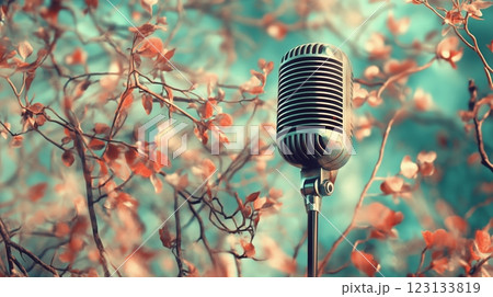 Vintage Microphone in Recording Studio - Graphic Sound Waves 123133819