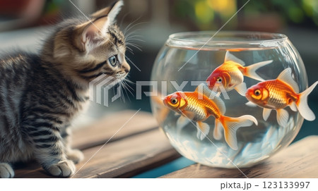 Curious kitten watches goldfish swim in a glass bowl 123133997