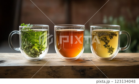 row of three different herbal teas 3 different herbal teas 123134048