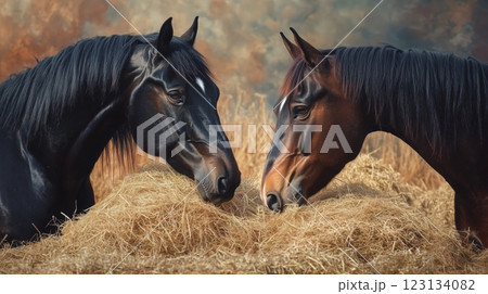 2 horses eat hay. Black and chestnut horses eat hay 123134082