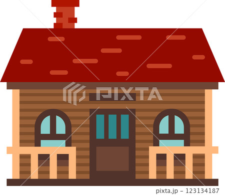 Cozy wooden country house featuring a charming red tiled roof, inviting chimney, and welcoming porch, embodying a serene and peaceful rural lifestyle 123134187
