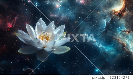 The image shows a white lotus flower floating in a cosmic space 123134271