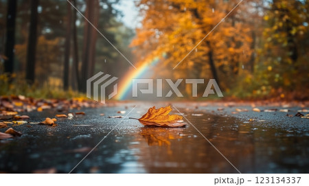 A wet road bears a solitary leaf In the backdrop 123134337
