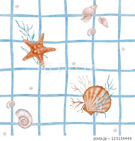 Watercolor seamless Pattern with Undersea Stars and Seaweed, Seashell, pearl on checkered background. Nautical background with childish starfish for baby textile or nursery wallpaper in pastel color 123134444