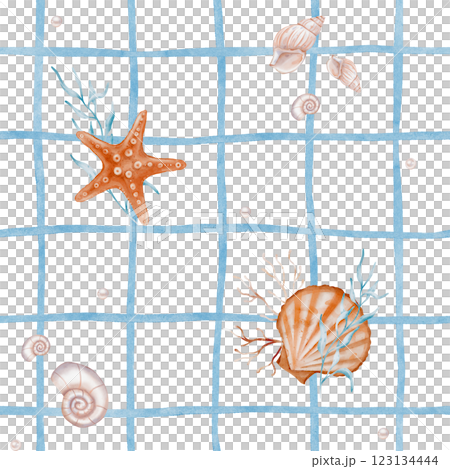 Watercolor seamless Pattern with Undersea Stars and Seaweed, Seashell, pearl on checkered background. Nautical background with childish starfish for baby textile or nursery wallpaper in pastel color 123134444