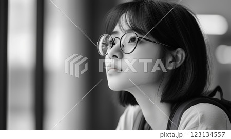 Portrait of Chinese young student woman with glasses and backpack looking away at university Portrait of Chinese young student woman with glasses and backpack looking away at university 123134557