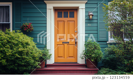 Wooden front door of a entrance private residential house with green decorated plants 123134559