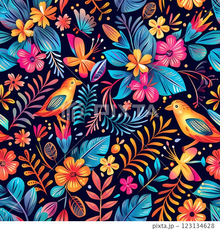 Seamless picture of lush leaves lively flower and exotic birds in a rich painterly style. 123134628