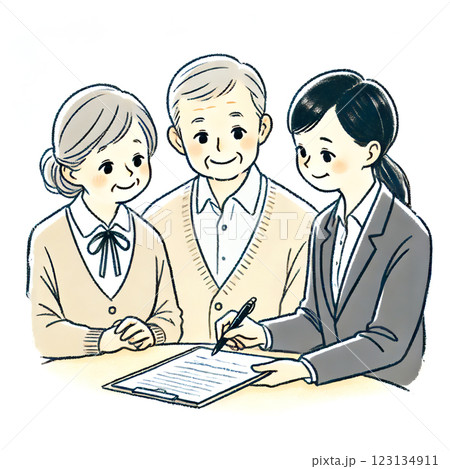 スーツの女性に相談するシニア夫婦 スーツの女性に相談するシニア夫婦 123134911