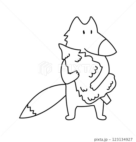 A coloring page illustration of a fox holding a small Christmas tree. Black and white forest animal. A coloring page illustration of a fox holding a small Christmas tree. Black and white forest animal. 123134927