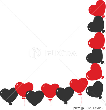 Red and Black Heart shaped balloons on rope Corner Frame border Greeting Copy space Template idea 123135042