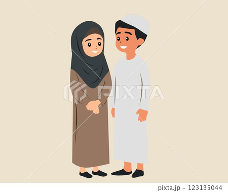 Happy Muslim couple in traditional attire, smiling and standing together. A charming Islamic vector illustration, ideal for family, Ramadan, or cultural themes Happy Muslim couple in traditional attire, smiling and standing together. A charming Islamic vector illustration, ideal for family, Ramadan, or cultural themes 123135044
