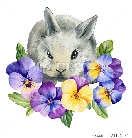 Gray Baby Bunny with Colorful Blossoms . Easter artistic wildlife painting small rabbit, nature inspired Easter design 123135174