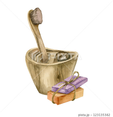 Eco friendly personal hygiene watercolor clipart with bamboo toothbrush in wooden cup and soap.Hand drawn bathroom items for mouth wash.Isolated for poster, packing, interior, no plastic label design 123135382