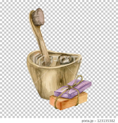 Eco friendly personal hygiene watercolor clipart with bamboo toothbrush in wooden cup and soap.Hand drawn bathroom items for mouth wash.Isolated for poster, packing, interior, no plastic label design 123135382
