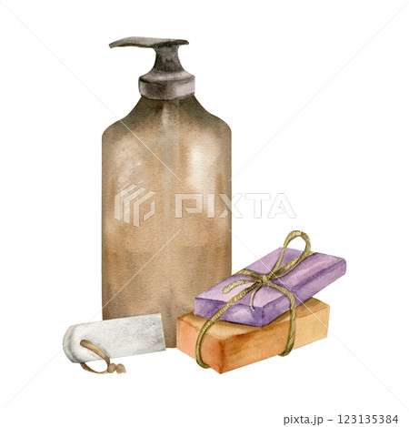 Glass soap jar, hand made piece of soap and female spa tool watercolor composition. Hand drawn women spa and wellness objects, cleaning and washing clipart for label, poster, spa web design 123135384