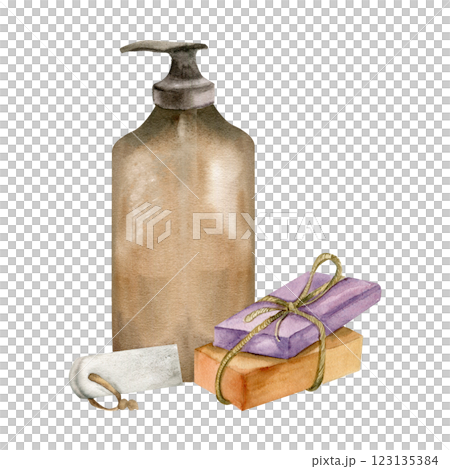 Glass soap jar, hand made piece of soap and female spa tool watercolor composition. Hand drawn women spa and wellness objects, cleaning and washing clipart for label, poster, spa web design 123135384