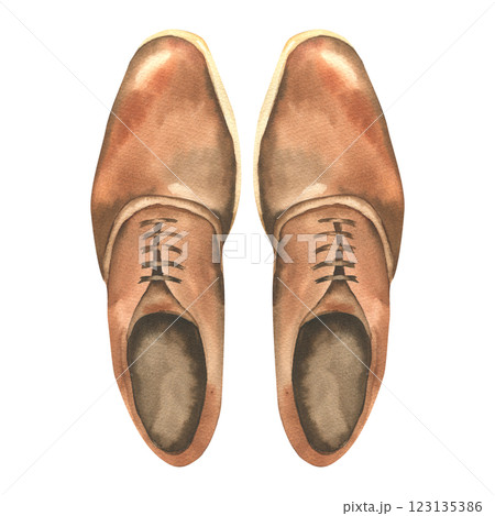 Pair of leather male boots watercolor illustration. Hand drawn gentlemen style shoes, brown foot wear clipart, man classic hipster boot for shop, product packing ,accessories design. 123135386