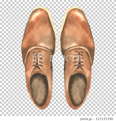 Pair of leather male boots watercolor illustration. Hand drawn gentlemen style shoes, brown foot wear clipart, man classic hipster boot for shop, product packing ,accessories design. 123135386