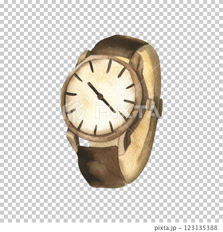Leather brown wrist watch watercolor illustration. Hand drawn gentlemen style clock clipart, vintage hipster hand accessories for fashion booklet, poster, product packing, label, logo design 123135388