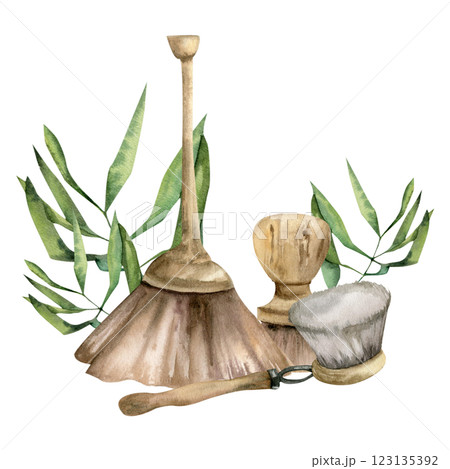 Bathroom and kitchen zero waste wooden brushes watercolor illustration with bamboo leaves. Hand drawn eco friendly cleaning tools for product packing, label, logo design. No plastic clipart 123135392