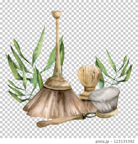 Bathroom and kitchen zero waste wooden brushes watercolor illustration with bamboo leaves. Hand drawn eco friendly cleaning tools for product packing, label, logo design. No plastic clipart 123135392