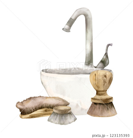 White sink with tap and zero waste wooden brushes watercolor illustration. hand drawn eco friendly composition with cozy home objects, washing tools clipart for product packing, label, logo design. 123135393