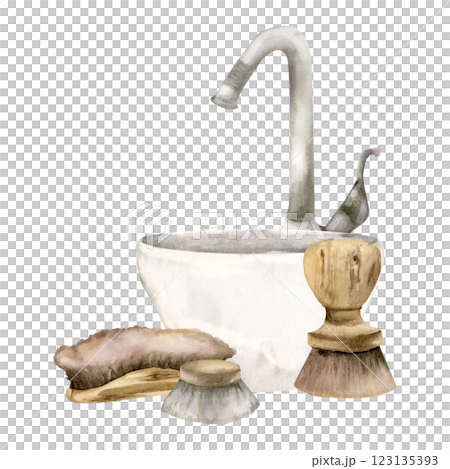 White sink with tap and zero waste wooden brushes watercolor illustration. hand drawn eco friendly composition with cozy home objects, washing tools clipart for product packing, label, logo design. 123135393