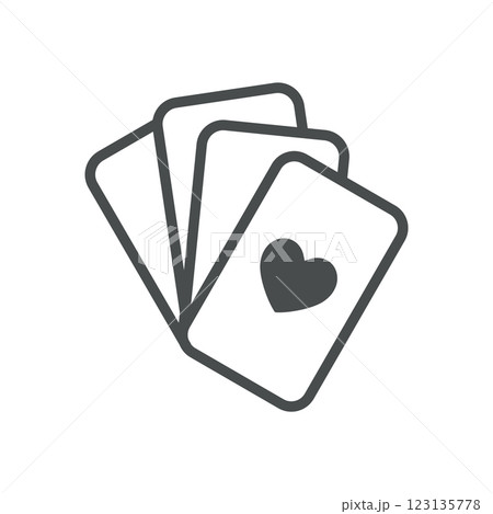 Playing Cards Icon. Thin Line Illustration of Fanned Poker Deck with Heart Suit, Symbolizing Gambling, Strategy, and Luck. Isolated Outline Vector Sign. 123135778