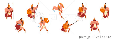Man Gladiator as Roman Warrior Character in Armor with Shield Vector Set 123135842