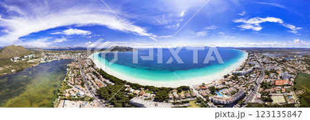 Mallorca (Majorca) Balearic island of Spain. Best scenic beaches - Alcudia in Pollenca bay northern part. Aerial panoramic view Mallorca (Majorca) Balearic island of Spain. Best scenic beaches - Alcudia in Pollenca bay northern part. Aerial panoramic view 123135847