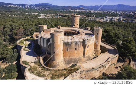 Mallorca (Majorca), Balearic Islands, Spain. high angle drone view of Bellver castle near the city of Palma de Mallorca 123135850