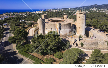 Mallorca (Majorca), Balearic Islands, Spain. high angle drone view of Bellver castle near the city of Palma de Mallorca Mallorca (Majorca), Balearic Islands, Spain. high angle drone view of Bellver castle near the city of Palma de Mallorca 123135851