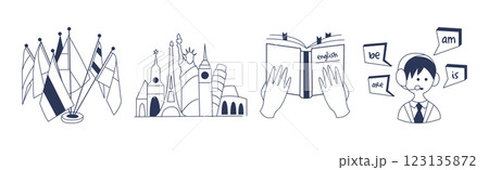 Foreign Language Learning and Speaking Doodle Icon and Element Vector Set 123135872
