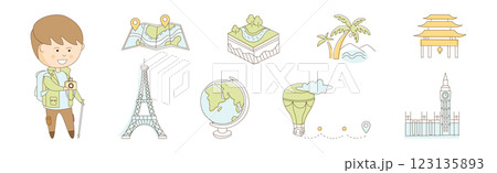 Flat Line Travel Icon and Object Vector Set 123135893