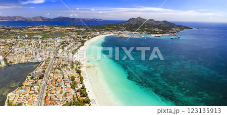 Mallorca (Majorca) Balearic island of Spain. Best scenic beaches Alcudia in Pollenca bay northern part. Aerial drone panoramic view 123135913
