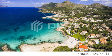Mallorca (Majorca) Balearic island of Spain. Best scenic beaches - Sant Pere in northern part. Aerial drone panoramic view 123135914