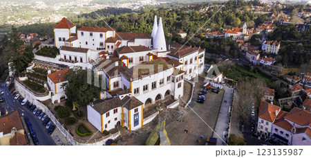 Portugal travel and landmarks. National Palace of Sintra town, unesco heritage site. Aerial drone high angle panoramic view Portugal travel and landmarks. National Palace of Sintra town, unesco heritage site. Aerial drone high angle panoramic view 123135987