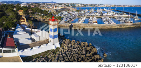 Portugal travel and landmarks. Cascais beautiful coastal town with scenic  Santa Marta lighthouse and museum. popular tourist destination from Lisbon 123136017