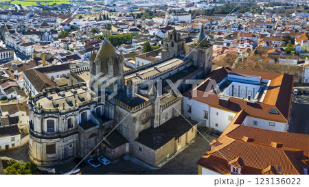 Portugal travel, medieval Evora town Unesco heritage site. Aerial panoramic drone view of down town and cathedral Santa Maria Assunta Portugal travel, medieval Evora town Unesco heritage site. Aerial panoramic drone view of down town and cathedral Santa Maria Assunta 123136022