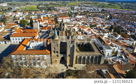 Portugal travel, medieval Evora town Unesco heritage site. Aerial panoramic drone view of down town and cathedral Santa Maria Assunta 123136023