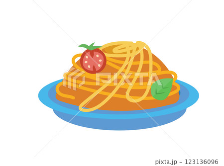 Pasta with tomato and basil on plate. Food and traditional cuisine, Italy. Symbols and isolated vector illustration on white background.  123136096