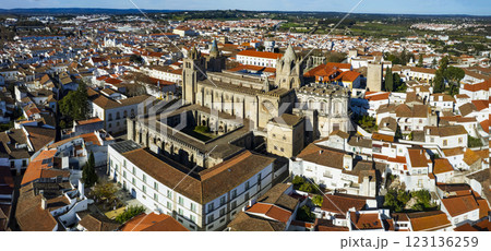 Portugal travel, medieval Evora town Unesco heritage site. Aerial panoramic drone view of down town and cathedral Santa Maria Assunta 123136259